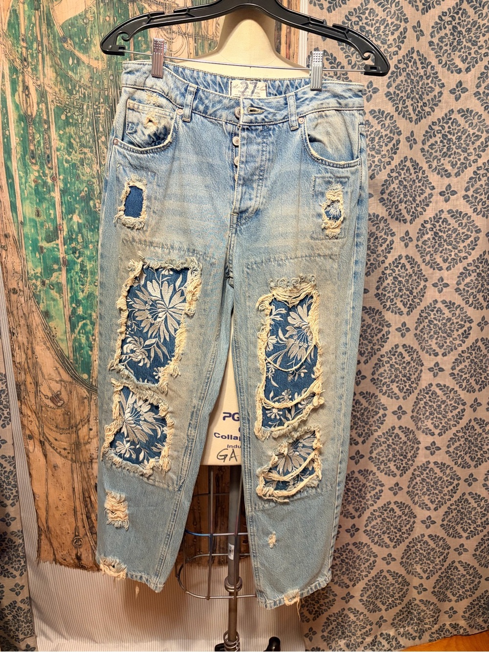 Free People Light Blue Distressed Patchwork Cropped Jeans